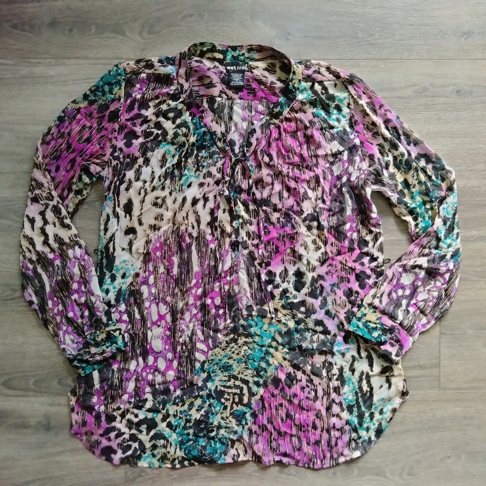 Wet Seal Women's Size XL Colorful Long Sleeve Sheer Blouse Top w/ Belt